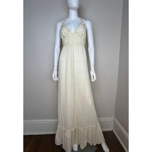 Robe longue dos nu en gaze crème vintage des années 1970, Daffy California taille S/M, coin décontracté, neuf avec étiquette, mariage bohème