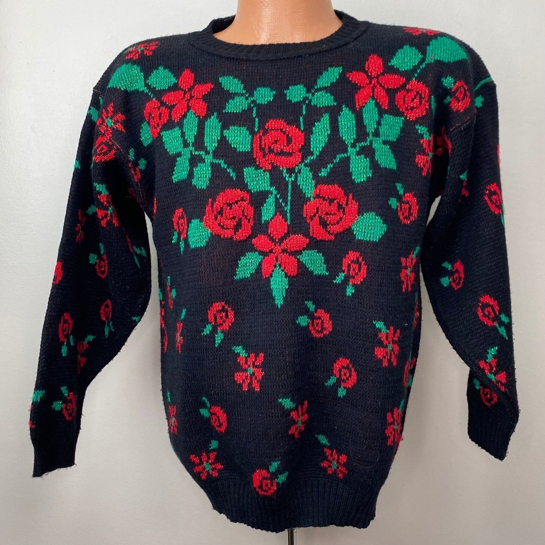 Vintage 1980s Floral Sweater, GFC Size Medium, Metallic Yarn Roses Red ...