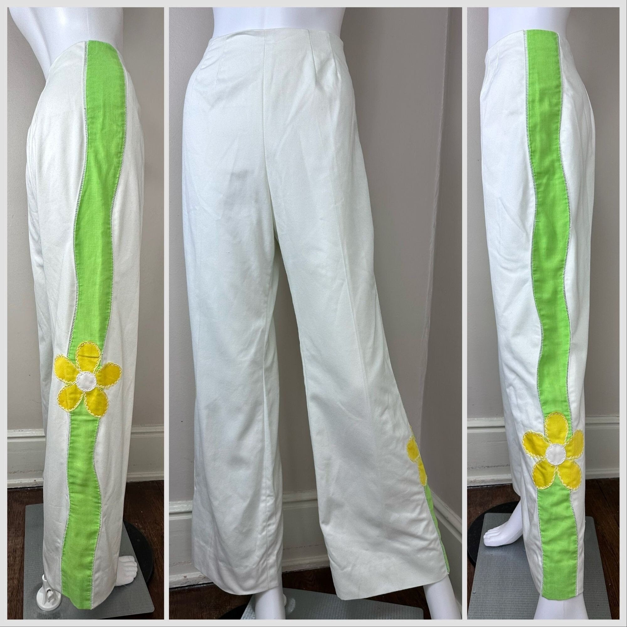 Vintage 1960s/70s White Flower Pants, Size S/M, Straight Leg, High