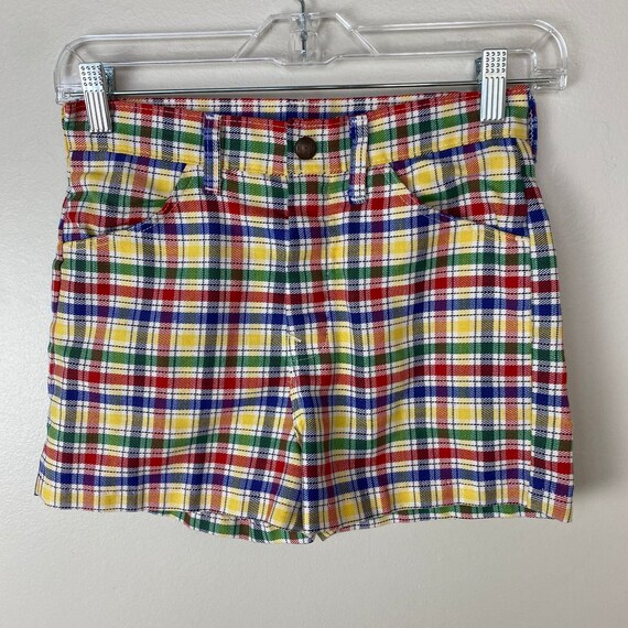 Vintage 1970s Rainbow Plaid Denim Shorts, Hillbil… - image 1