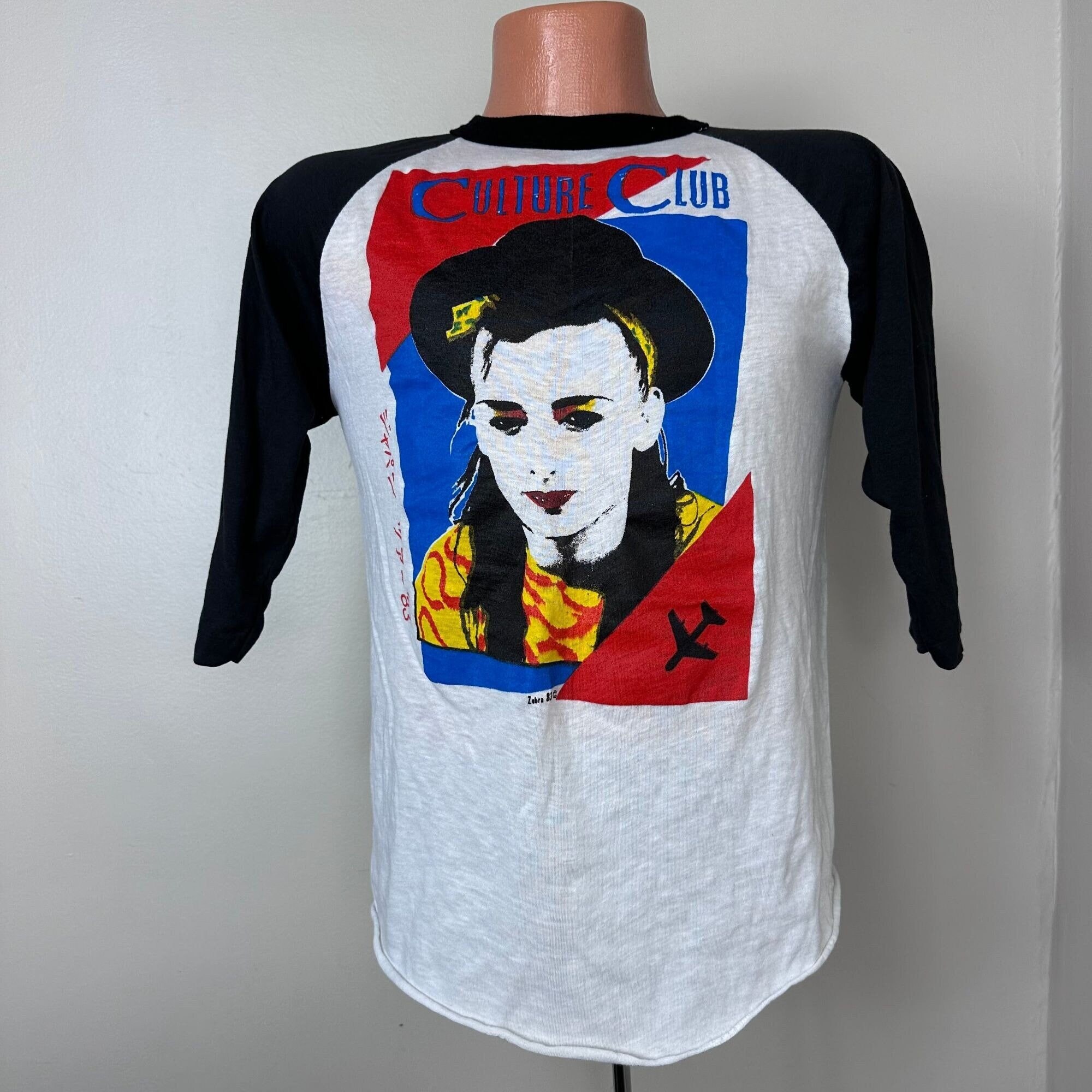 Vintage 1980s Culture Club T-Shirt, Boy George, Mackler Size S/M, Raglan Sleeves, Zebra Marketing 1983