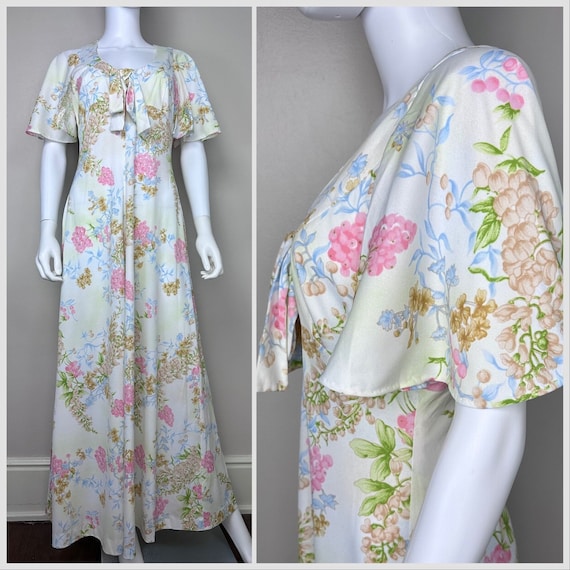 Vintage 1970s Cream and Pink Floral Maxi Dress, H… - image 1