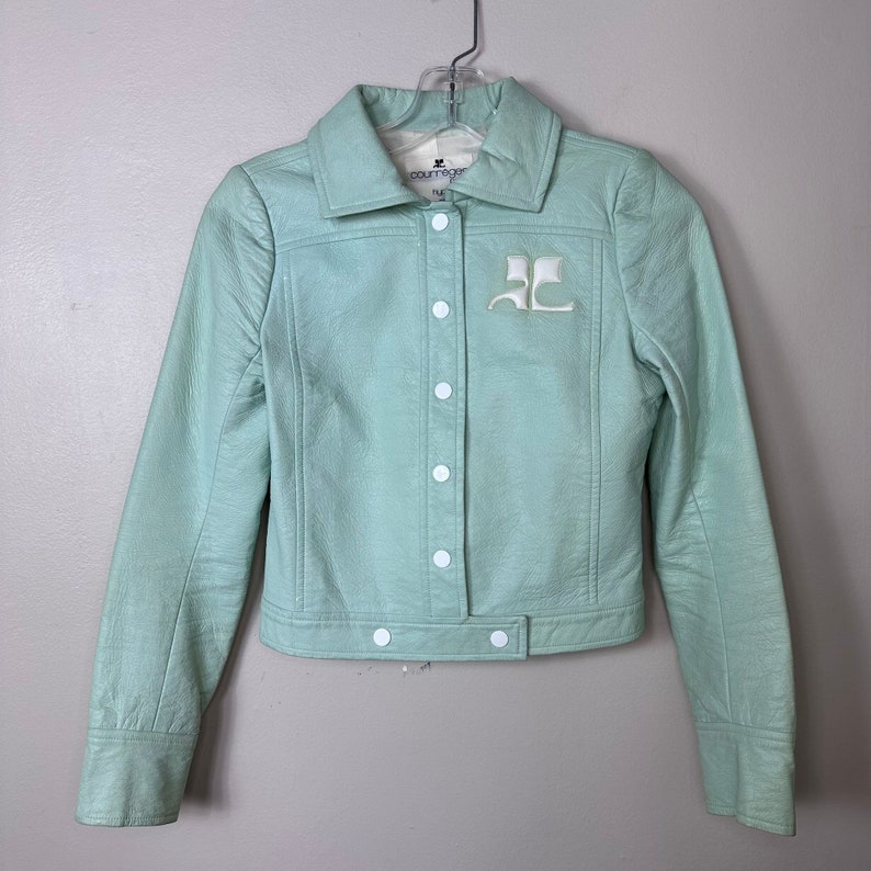 Vintage 1970s Courrèges Paris Hyperbole Mint Green Vinyl Jacket, Size