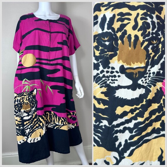 Vintage 1980s Tiger Sunset Caftan Dress, Sabysco … - image 1