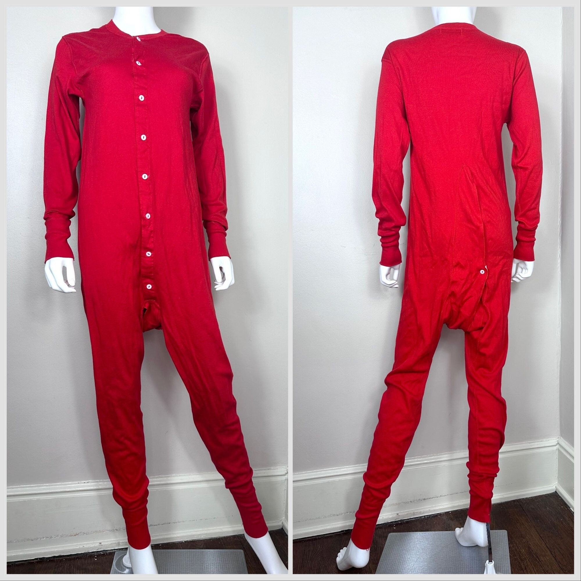 Red Union Suit Onesie Pajamas with Funny Butt Flap 