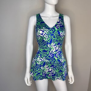 Vintage 1960s Psychedelic Paisley Swimsuit, Sears Size XS-Small, One Piece with Attached Skirt