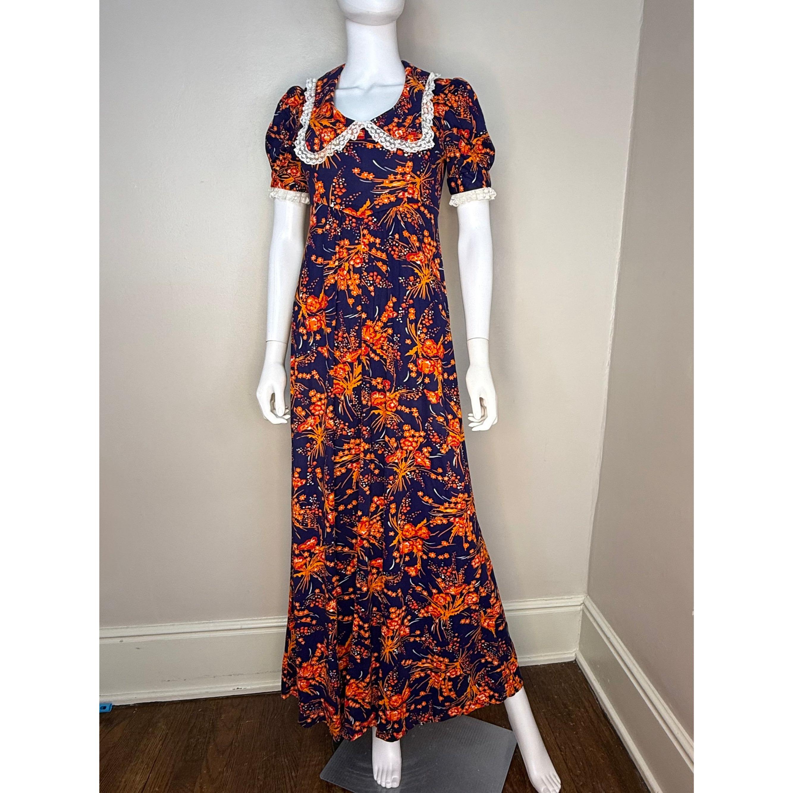 Vintage 1960s/70s Navy Blue and Orange Floral Maxi Dress, Size Small, Lace Trimmed Platter Collar Vintage 1960s/70s Navy Blue and Orange Floral Maxi Dress, Size Small, Lace Trimmed Platter Collar