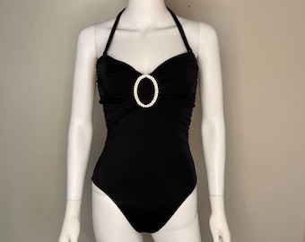 Vintage 1980s Black Swimsuit, Large Rhinestone Buckle, Bill Blass Beachwear Size XS/Small, One Piece, New Without Tags, 80s does 50s Pin-up