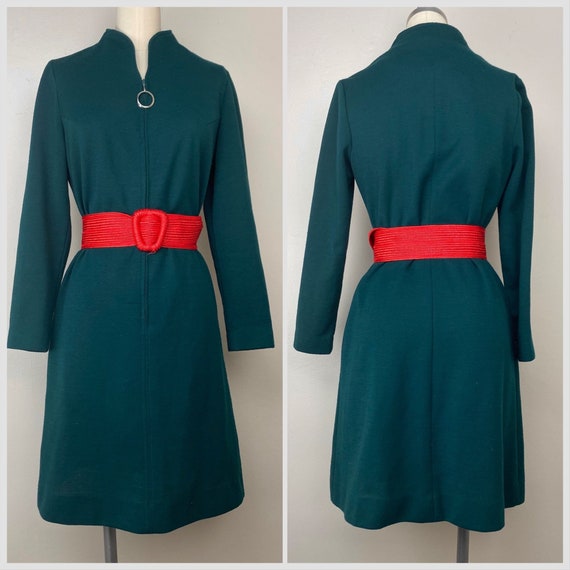 Vintage 1970s Forest Green Mod Mini Dress, K II, … - image 3