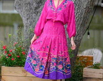 Vintage 80s Diane Freis Pink Purple Floral Print Silk V Neck Dress