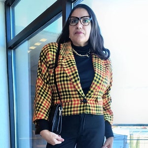 Vintage 80s Blazer Yellow Check Cropped St A Dolman Sleeve Jacket Medium Large Plaid