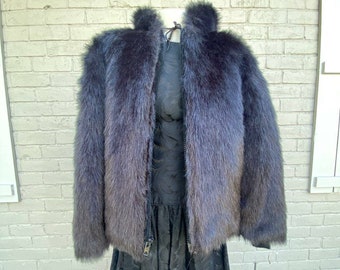80sVintage Faux Fur Coat Falcone Black Hooded  Coat Parka Jacket Medium