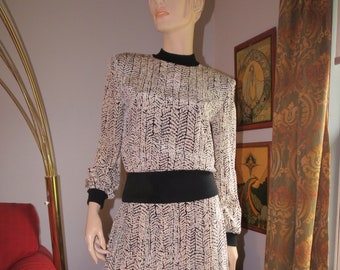 Vintage 80s Bill Blass Silk Dress Black and White Panel Dress