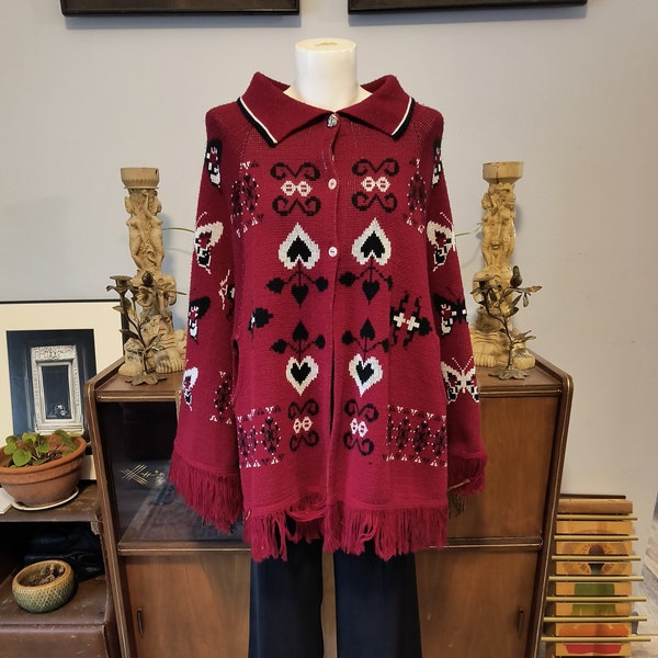 Vintage 70s Poncho Butterfly Intarsia Knit Red Collared Fringe Poncho