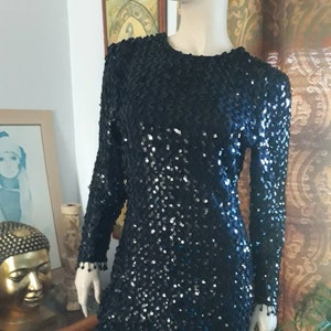 Vintage 80s Karen Okada David Howard Climax Sequin Black Tassel Dress