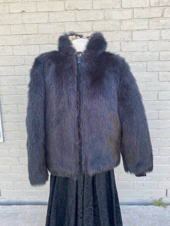 80s Falcone Black Hooded Faux Fur Coat Parka Jack… - image 4