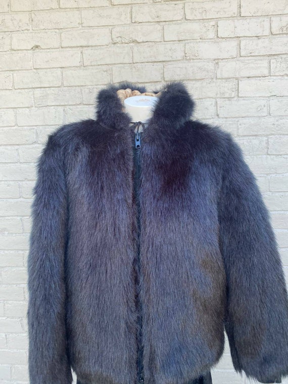 80s Falcone Black Hooded Faux Fur Coat Parka Jack… - image 3