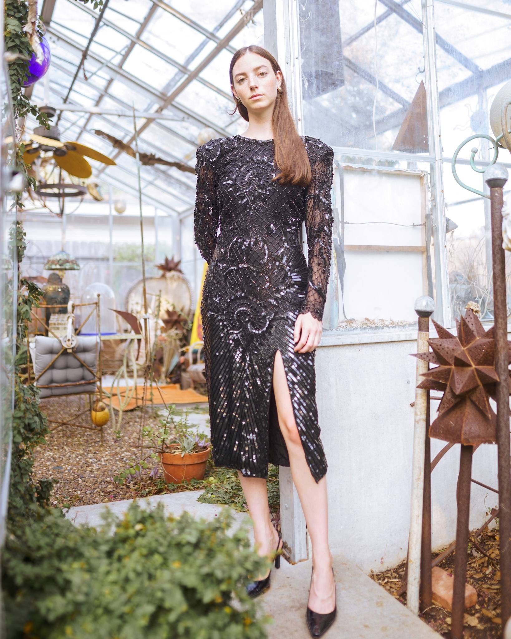 Vintage 80s Laurence Kazar Black Sequin Beaded Formal Dress