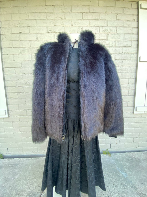 80s Falcone Black Hooded Faux Fur Coat Parka Jack… - image 1