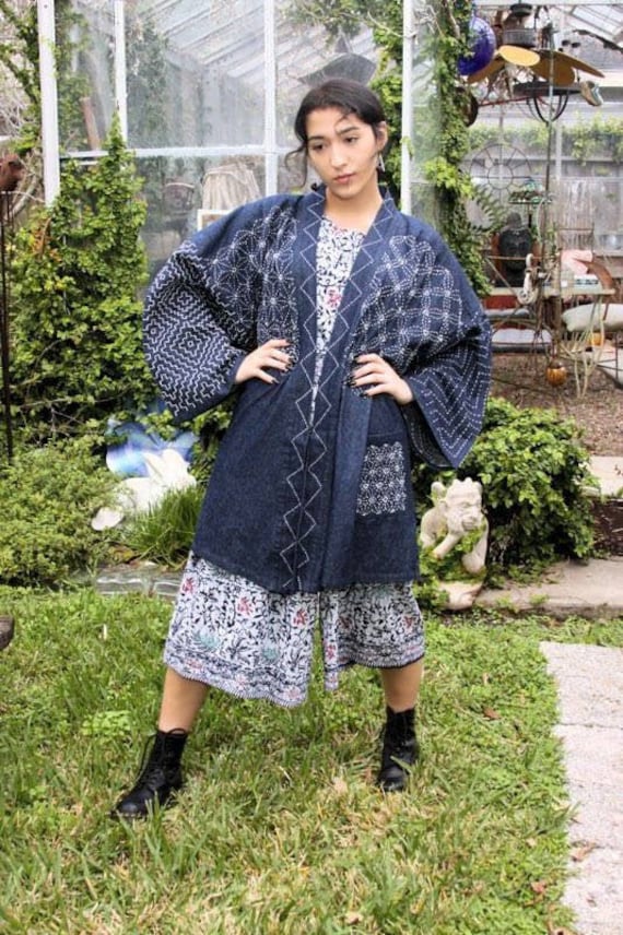 Vintage Cotton Kimono Sashiko Wabi Sabi Hand Embroidered Wearable 