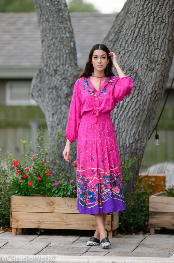 Vintage 80s Diane Freis Pink Purple Floral Print Silk V Neck Dress