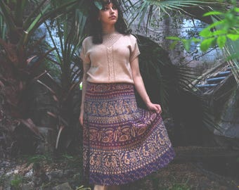 Vintage 70s Block Print Wrap Skirt Cotton Midi India Floral