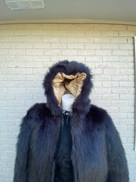 80s Falcone Black Hooded Faux Fur Coat Parka Jack… - image 8