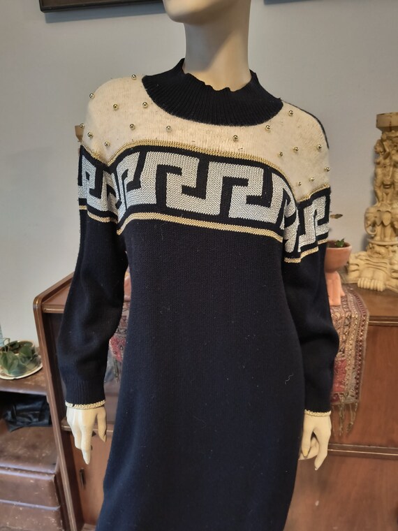 Betsy Lauren Sweater Dress Black White Metallic Greek Key X Large