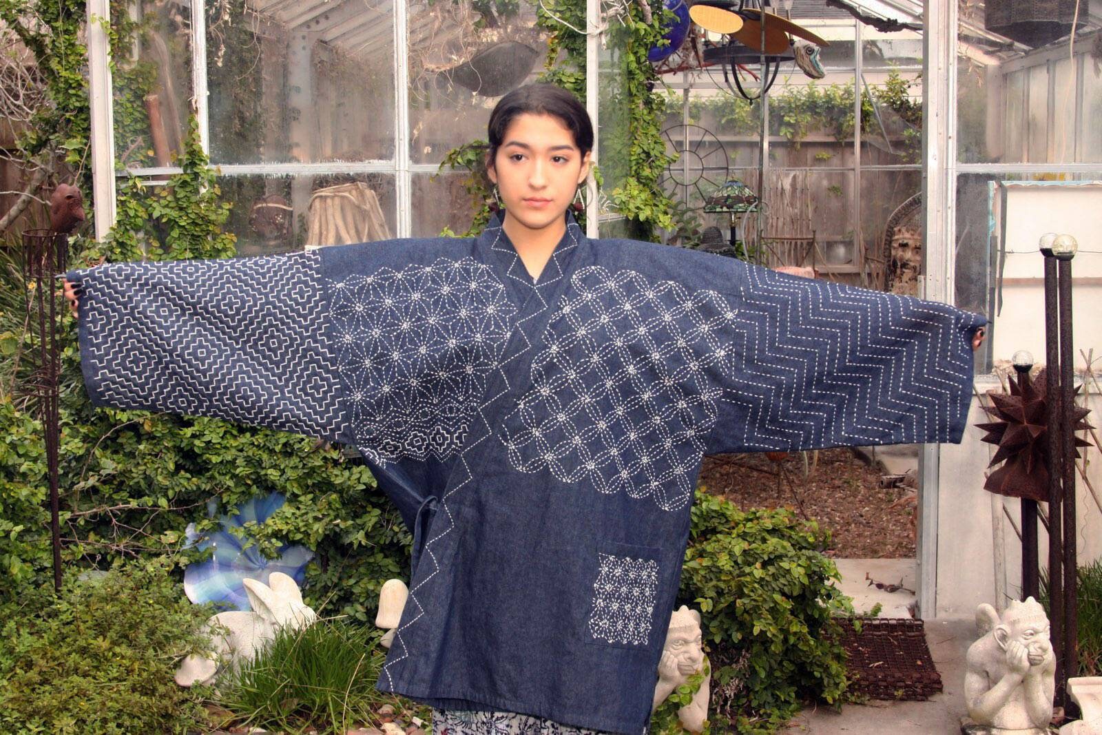 Vintage Cotton Kimono Sashiko Wabi Sabi Hand Embroidered Wearable 