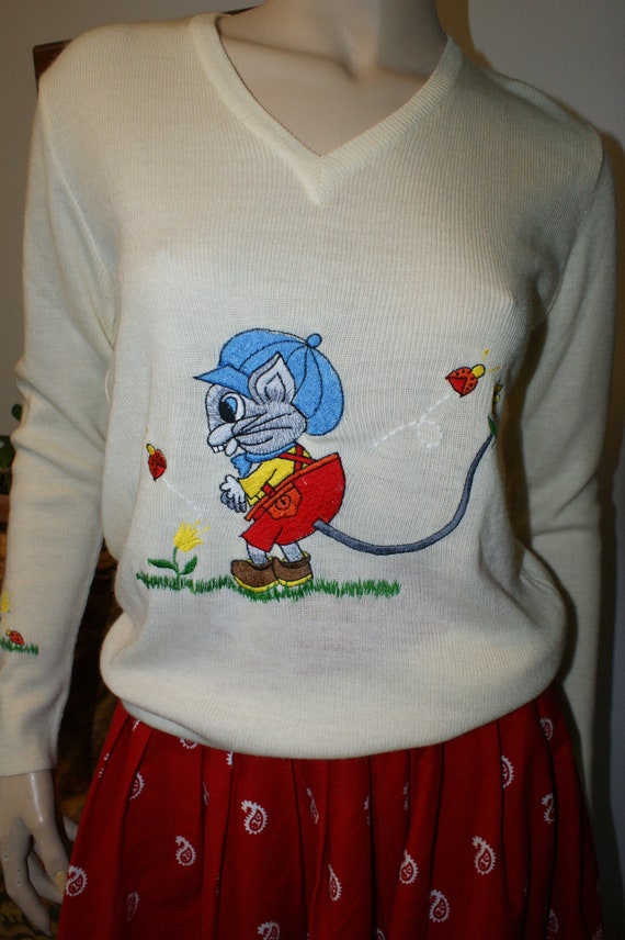 Vintage 70s Le Roy Mouse Sweater V Neck Pullover K