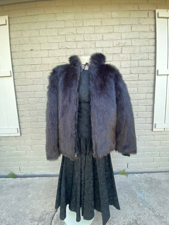 80s Falcone Black Hooded Faux Fur Coat Parka Jack… - image 6