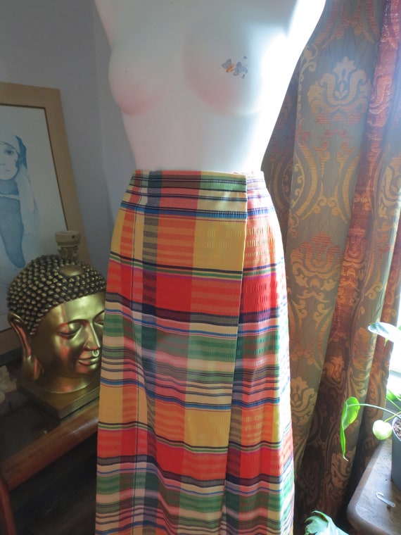 Vintage 70s Seersucker Plaid Wrap Skirt New Issue… - image 5