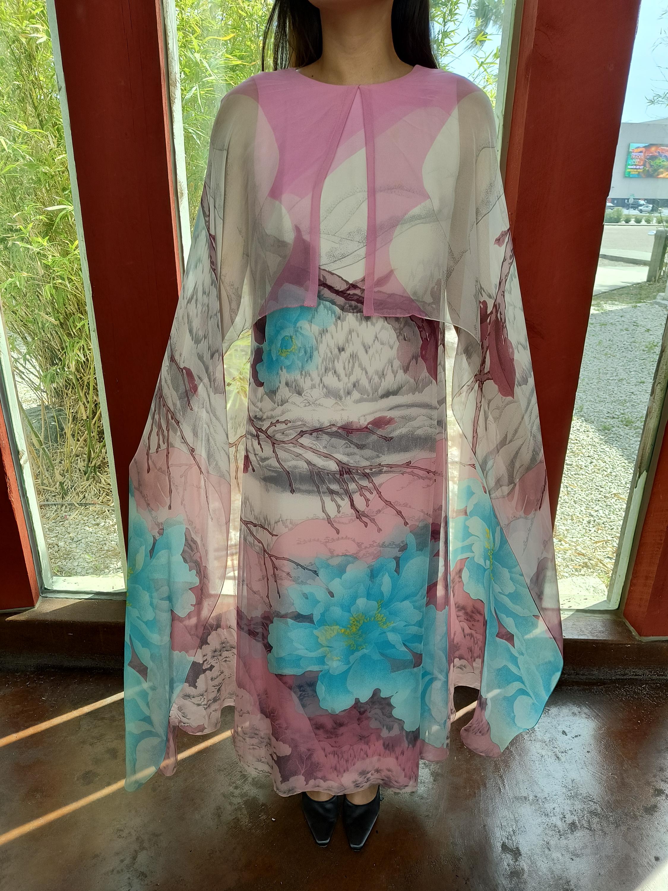 Hanae Mori Silk Chiffon Dress Vintage 70s Couture Neiman Marcus