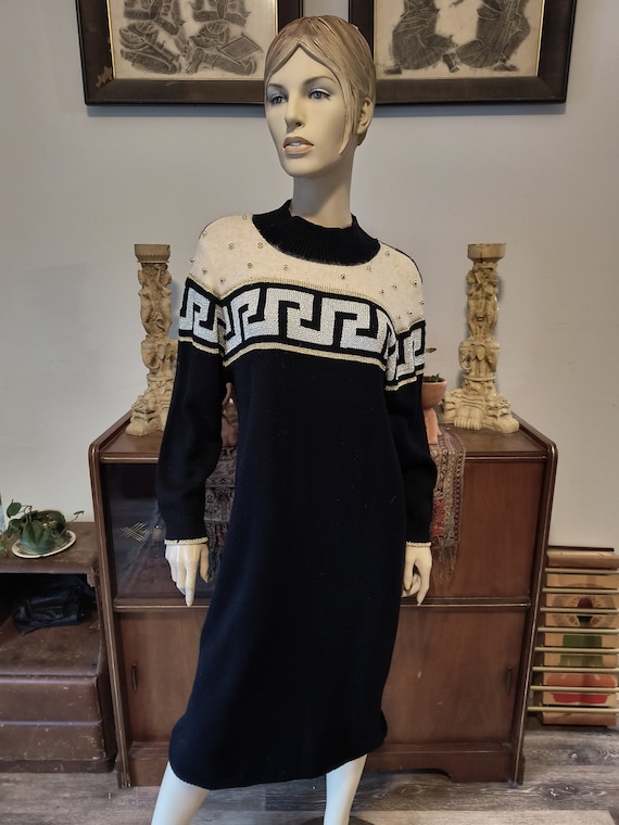 Betsy Lauren Sweater Dress Black White Metallic Gr