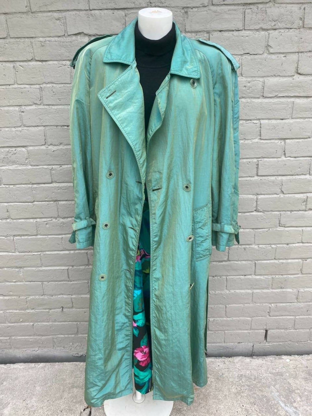1980s Iridescent Army Green Logo Button Trench Coat – Featherstone Vintage