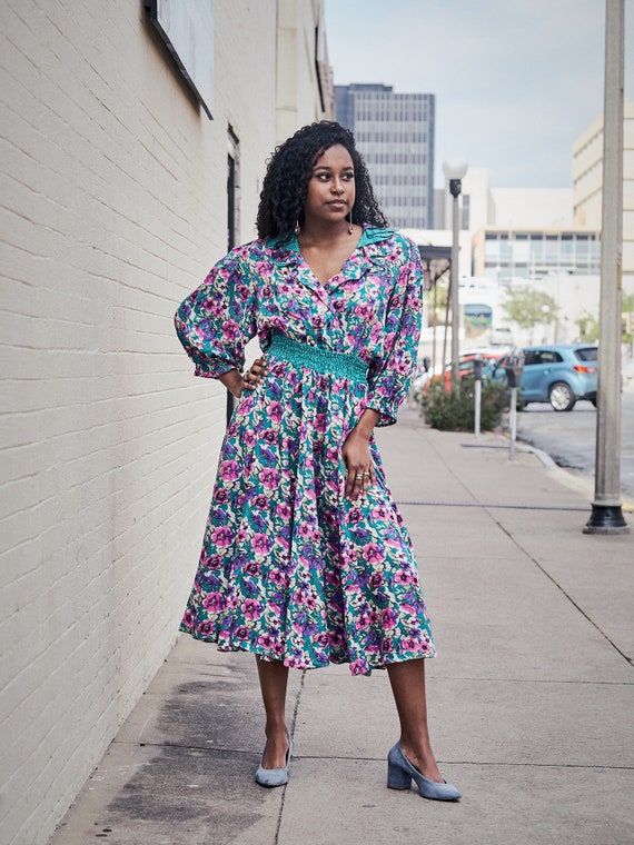 Diane Freis Silk Dress Floral Print Ruffle Collar