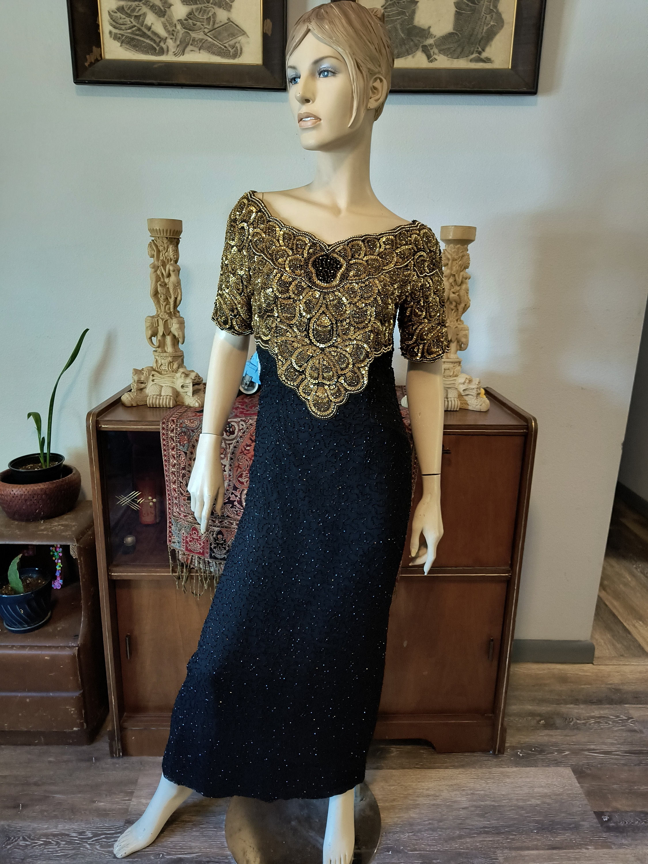 laurence kazar black beaded dress Laurence Kazar Vintage Dress Sz XL 100% Silk Black Beaded Evening Gown Back Slit