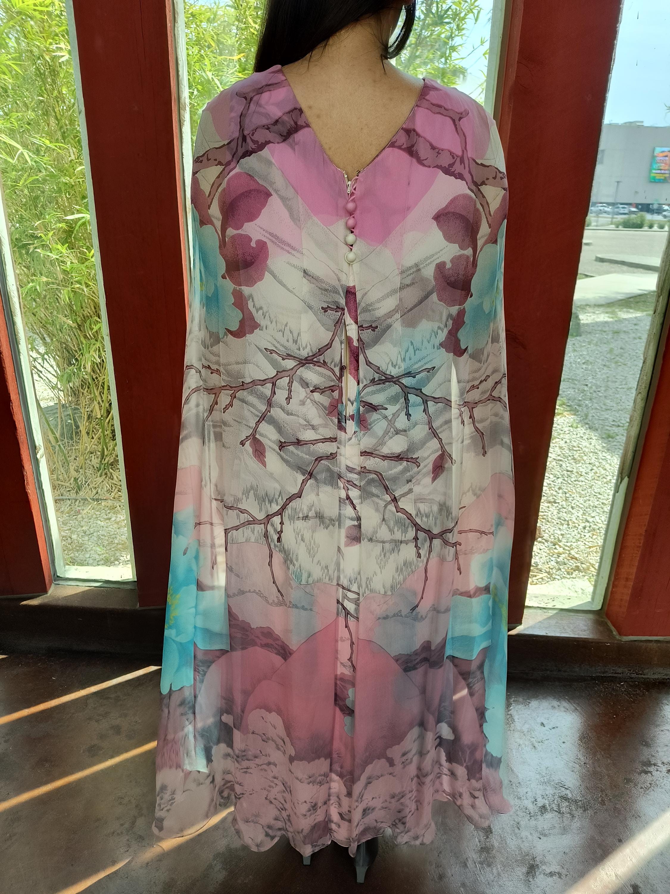 Hanae Mori Silk Chiffon Dress Vintage 70s Couture Neiman Marcus