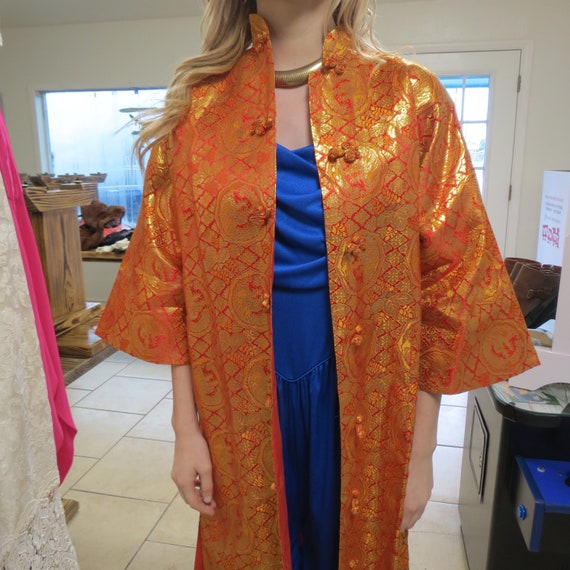 Vintage Orange Gold Metallic Kimono Brocade Robe