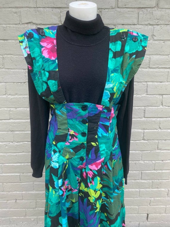 80s Foxy Lady Floral Print Pinafore Cotton Jumper