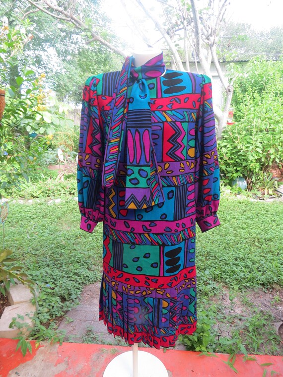 Helga 80s Purple Geometric Print Drop Waist Dress 