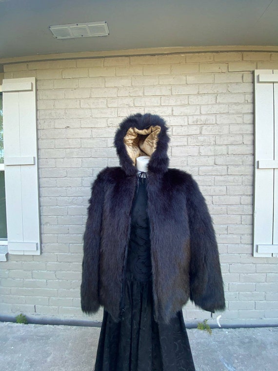 80s Falcone Black Hooded Faux Fur Coat Parka Jack… - image 7