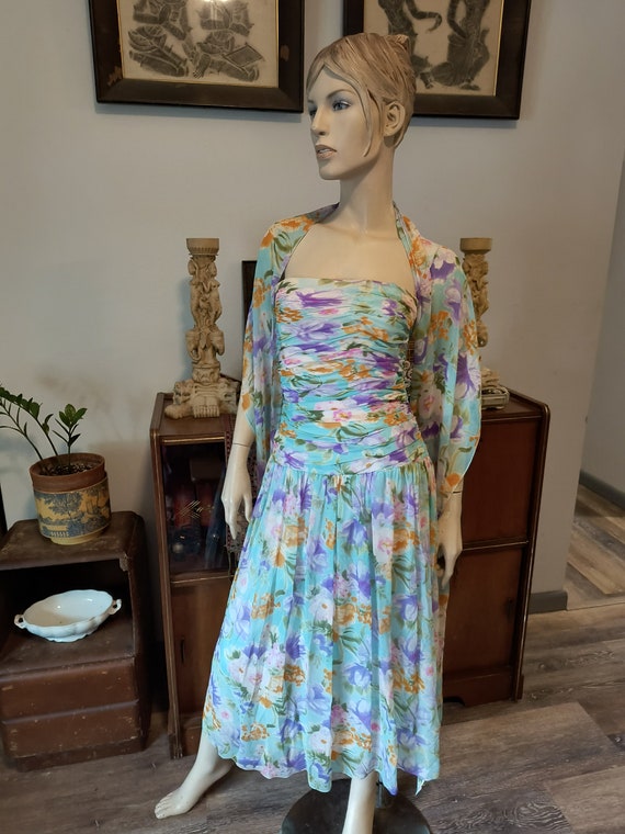 Vtg Maggy London Silk Dress Floral Print Pastel Te