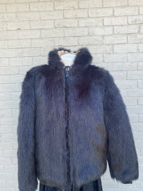 80s Falcone Black Hooded Faux Fur Coat Parka Jack… - image 5