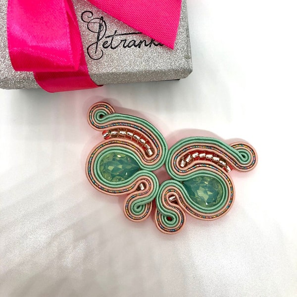 Broche papillon Soutache, perles rose vert mentol toho light new nwt cadeau pour femme fille, broche de mariage, broche de bal de promo, broche de fête