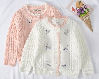 Niña pequeña niño de punto cardigan lana otoño lindo bordado floral