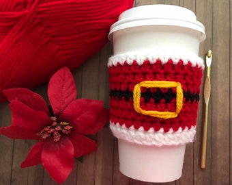 Christmas Santa, Crochet Coffee Tea Cup Cozy, Iced Beverage Cup Cozy, Reusable To Go Cup Sleeve, Cold Drink Sleeve, Coffee Cup Sleeve