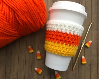 Halloween Candy Corn, Crochet Coffee Tea Cup Cozy, Iced Beverage Cup Cozy, Reusable To Go Cup Sleeve, Cold Drink Sleeve, Coffee Cup Sleeve