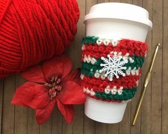 Christmas Snowflake. Crochet Coffee Tea Cup Cozy, Iced Beverage Cup Cozy, Reusable To Go Cup Sleeve, Cold Drink Sleeve, Coffee Cup Sleeve