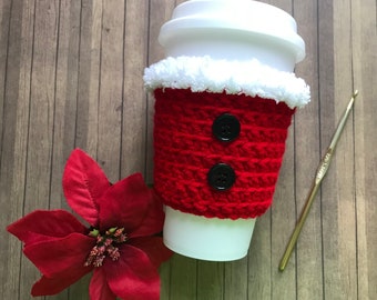 Christmas Santa, Crochet Coffee Tea Cup Cozy, Iced Beverage Cup Cozy, Reusable To Go Cup Sleeve, Cold Drink Sleeve, Coffee Cup Sleeve